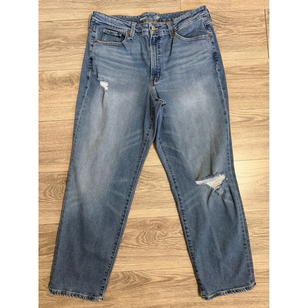 Old Navy Women Blue Jeans Siz 16 OG Loose High Rise Distressed Straight Leg Blue